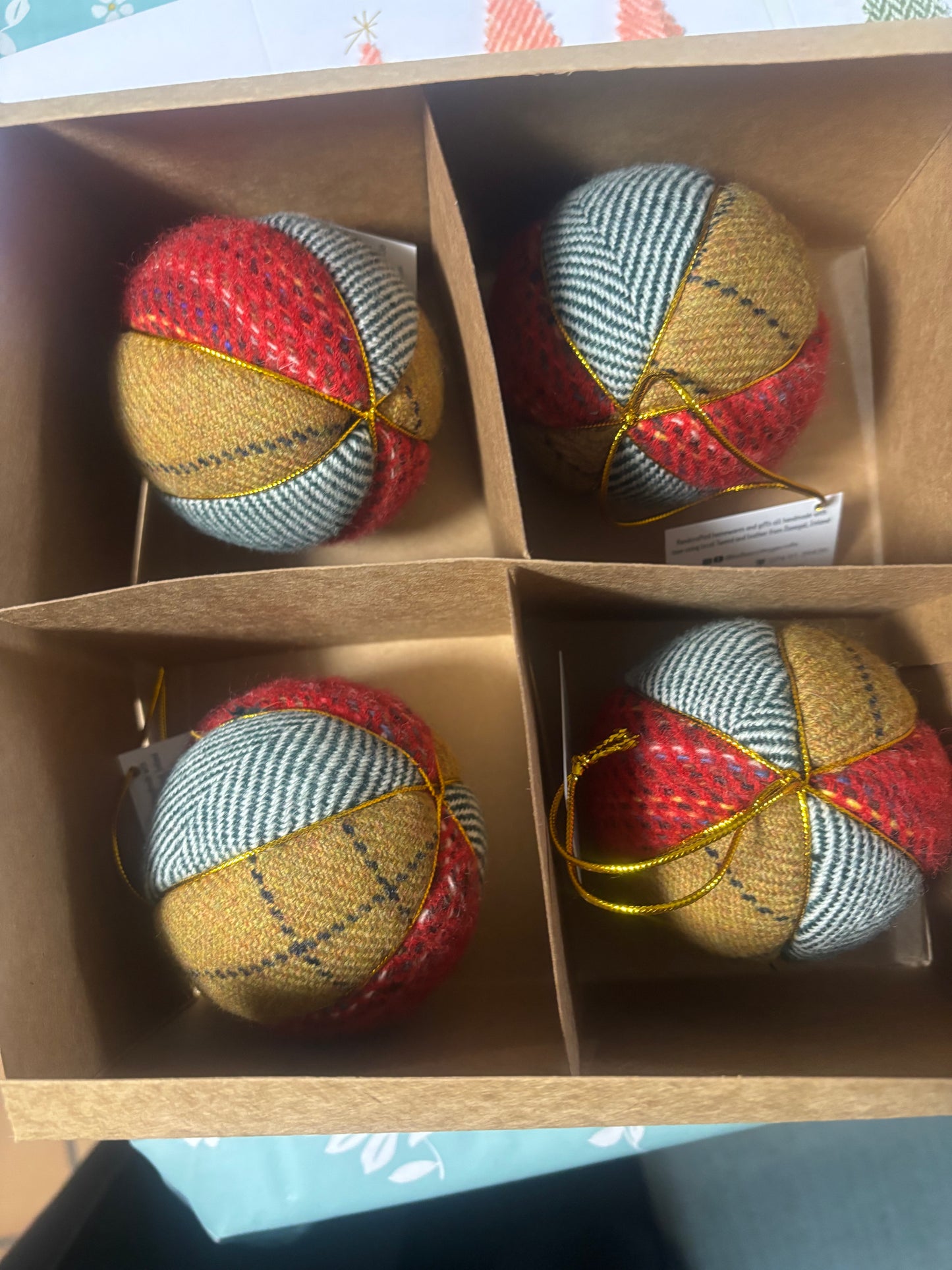 Luxury tweed baubles box of 4